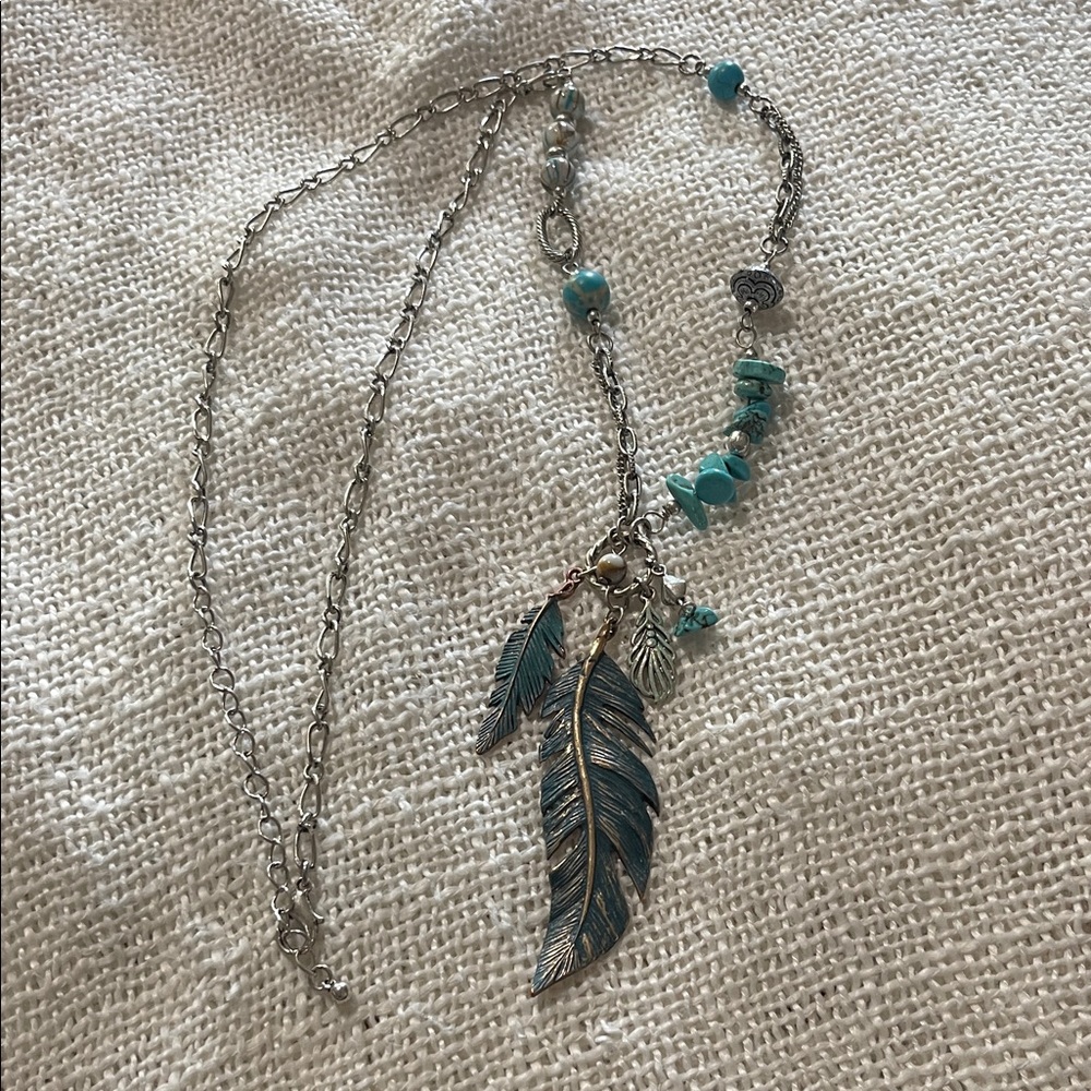Silver and Turquoise Feather Pendant Necklace